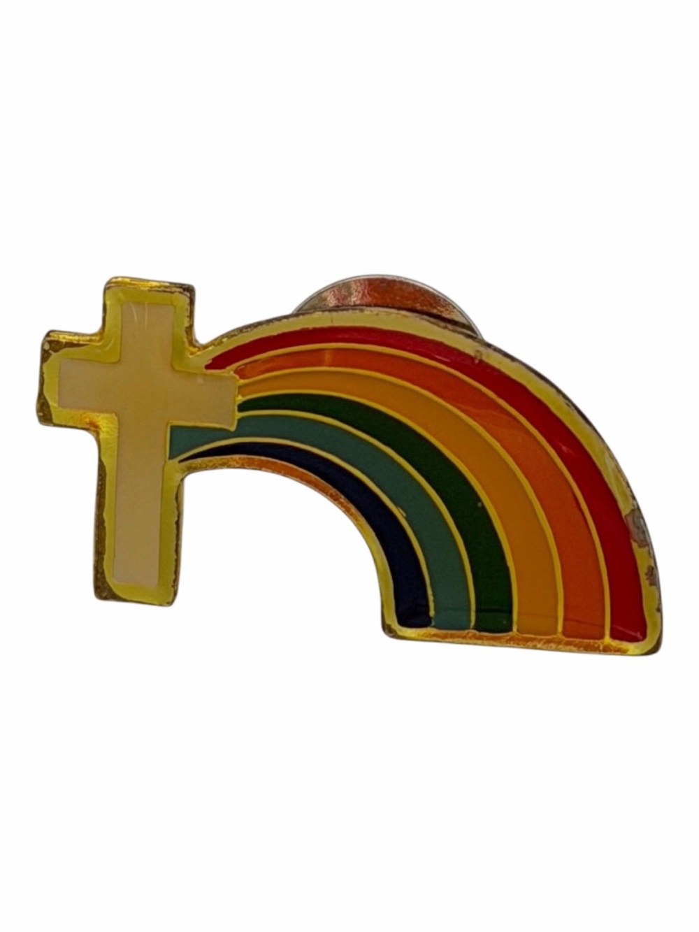 Vintage Rainbow Cross Enamel Lapel Pin Gold Tone Christian Religious Jewelry